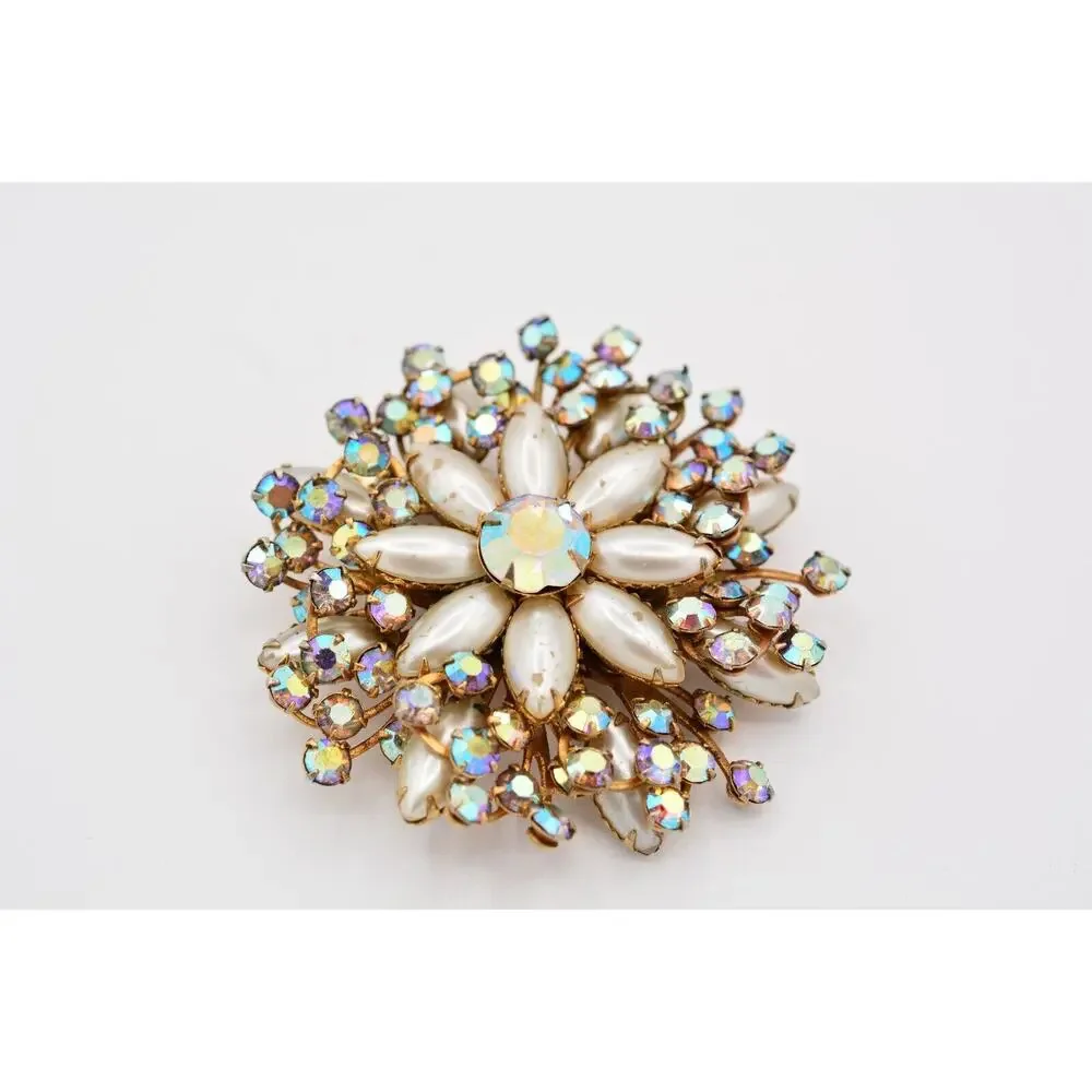 Vintage Crystal Flower Pin Brooch Aurora Borealis Rhinestone Prong 1980s BinAT